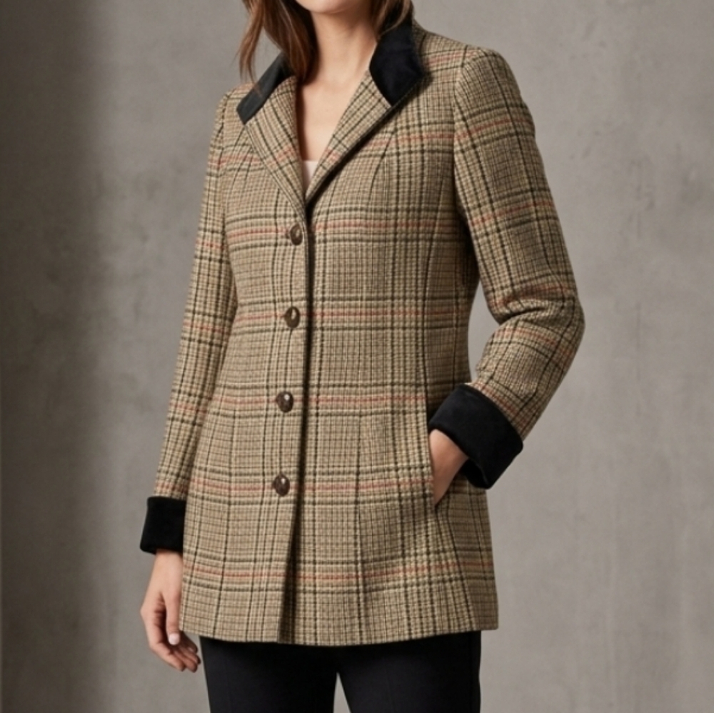 Soft Surroundings Country Estate Velvet Trim Embroidered Houndstooth Jacket Sm